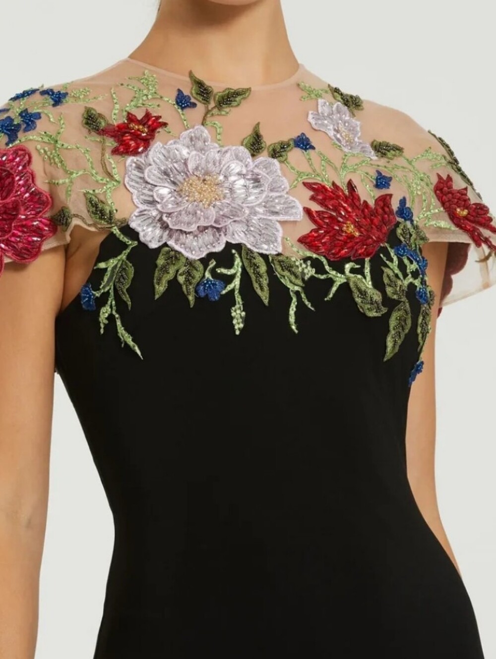 Mac Duggal Black Jersey Column Gown with Multicolor Floral Embroidery - Picture 3 of 8